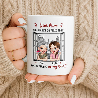Dear Mom Side By Side Or Miles Apart Cityscape And Hearts Design - Personalized Custom Coffee Mug - MOM135_MG