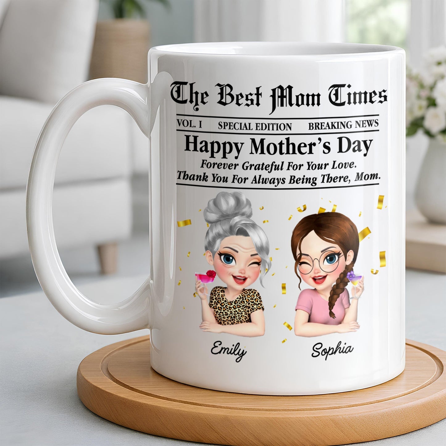 Happy Mother's Day Thank You Mom Newspaper Cartoon - Personalized Custom Coffee Mug - MOM146_MG