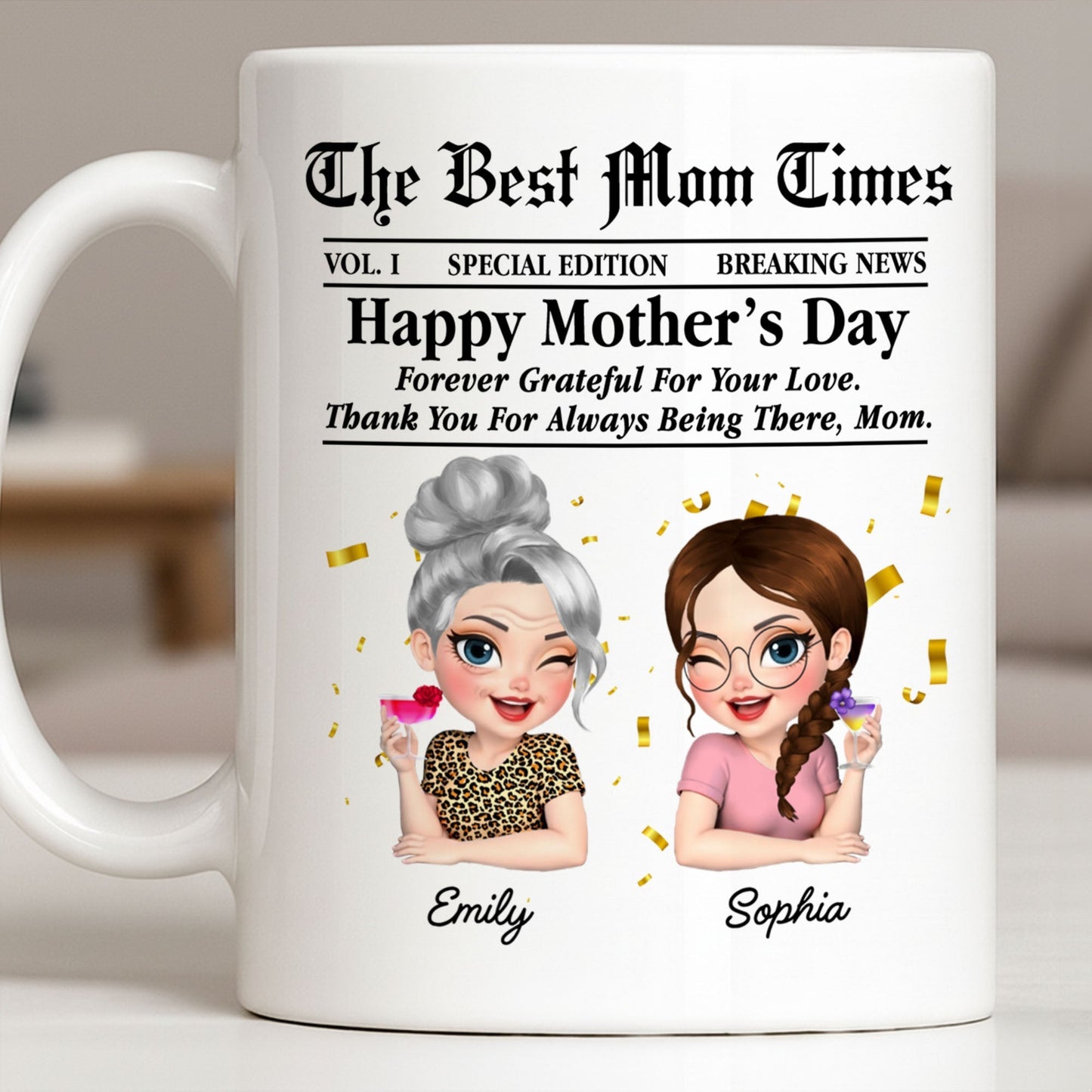 Happy Mother's Day Thank You Mom Newspaper Cartoon - Personalized Custom Coffee Mug - MOM146_MG