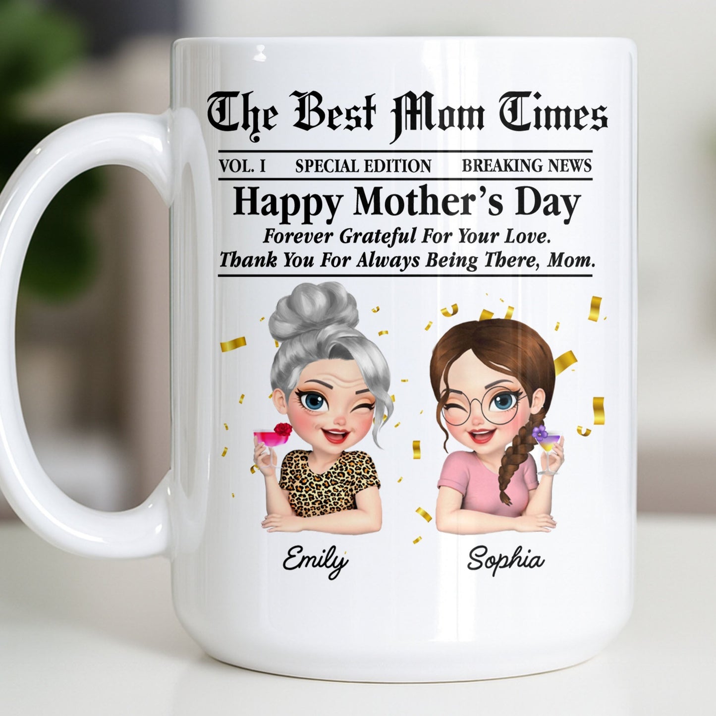 Happy Mother's Day Thank You Mom Newspaper Cartoon - Personalized Custom Coffee Mug - MOM146_MG