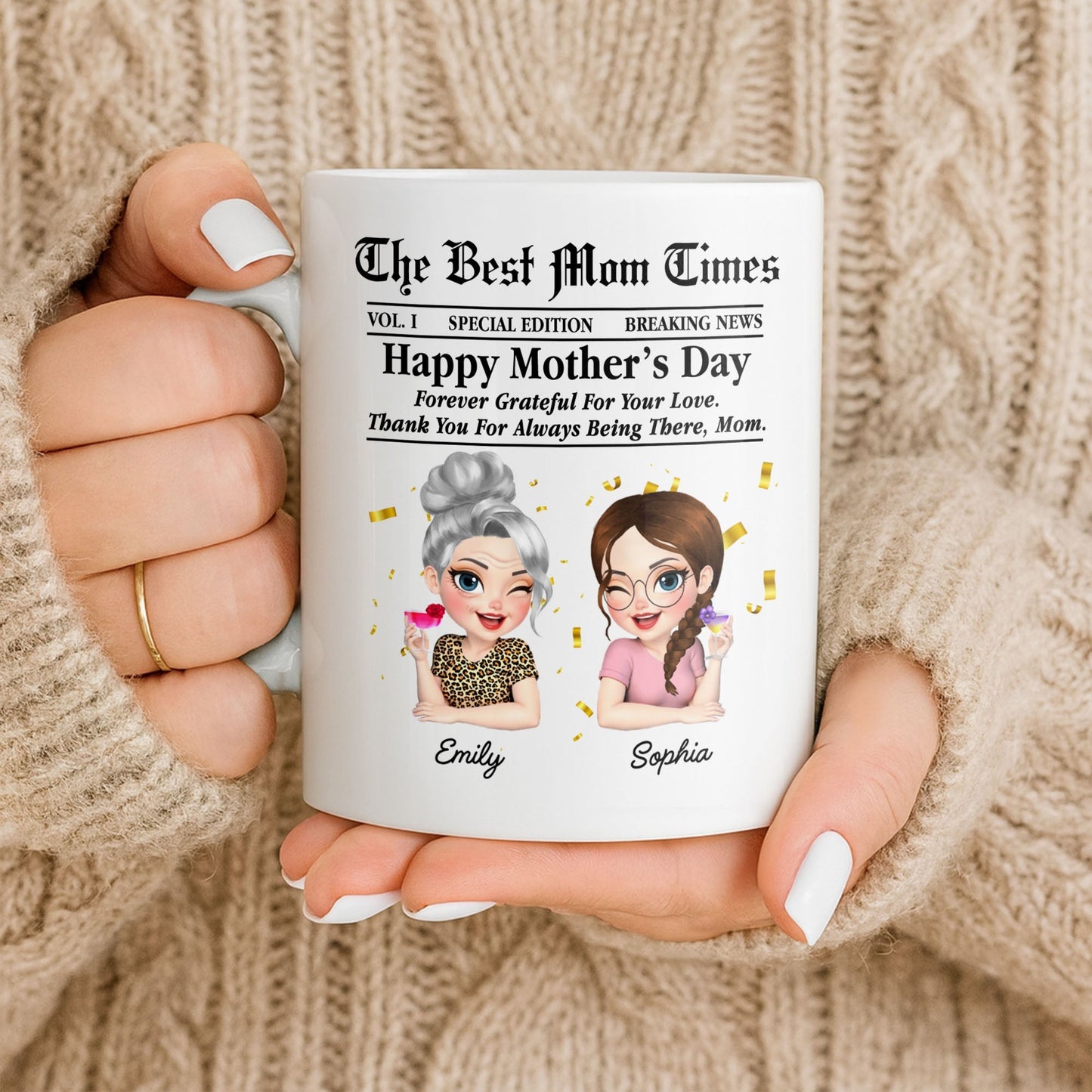 Happy Mother's Day Thank You Mom Newspaper Cartoon - Personalized Custom Coffee Mug - MOM146_MG