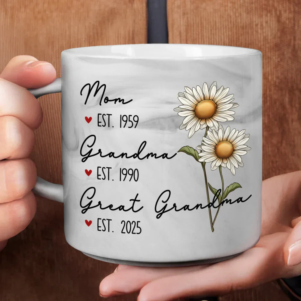 Mom Grandma Great Grandma Birth Flower - Personalized Marble Mug