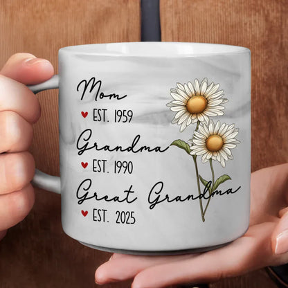 Mom Grandma Great Grandma Birth Flower - Personalized Marble Mug