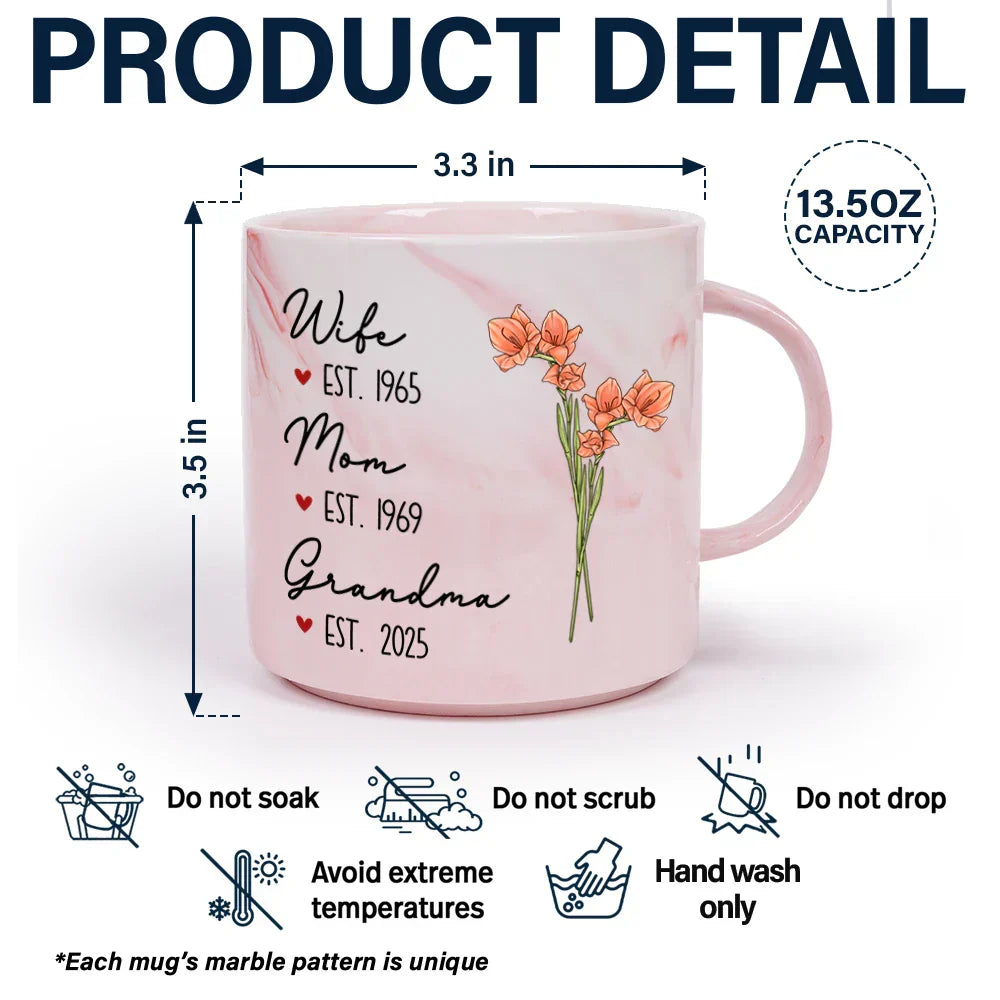 Mom Grandma Great Grandma Birth Flower - Personalized Marble Mug