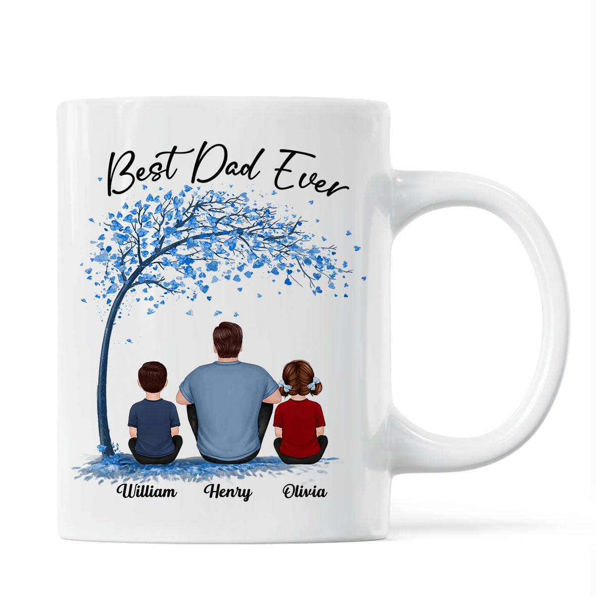 Blue Tree Best Dad Ever Back View Man Sitting With Kids Dogs Cats Father's Day Gift Personalized Mug