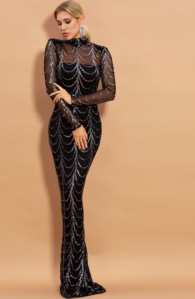 Black With Gold/Sliver Sequins Maxi Dresses