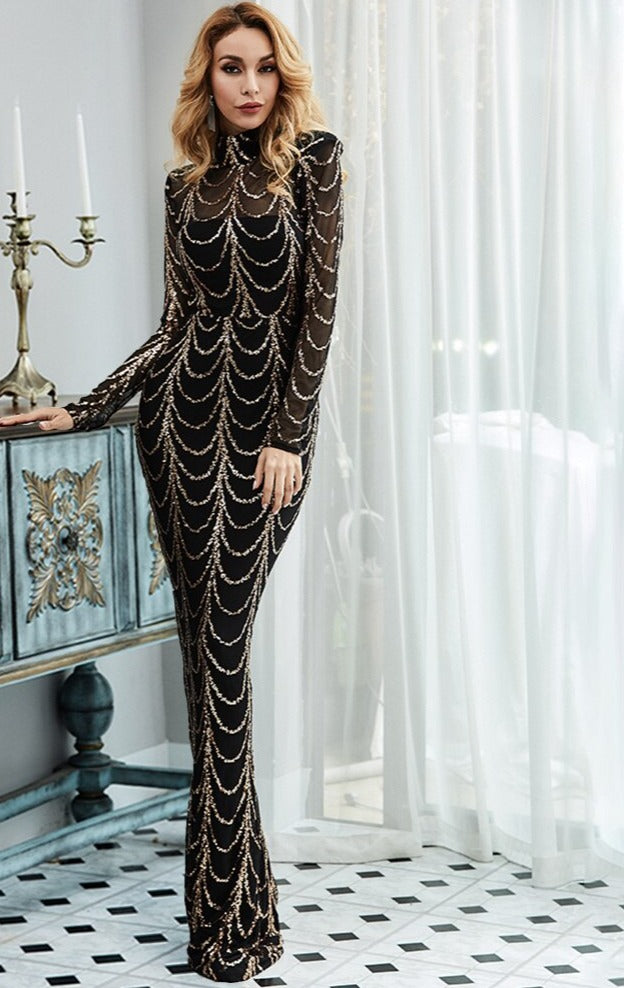 Black With Gold/Sliver Sequins Maxi Dresses