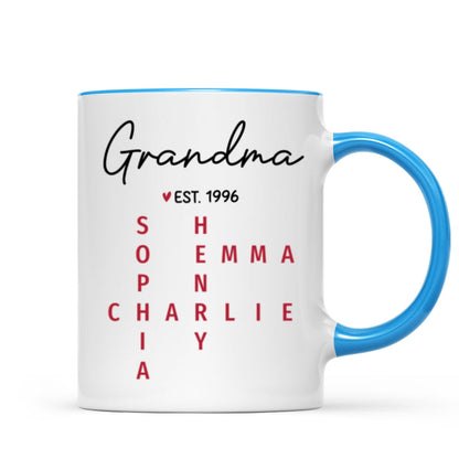 Grandma Est. Grandkids Names Crossword Puzzle Art Personalized Mug