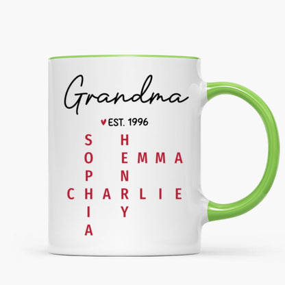 Grandma Est. Grandkids Names Crossword Puzzle Art Personalized Mug