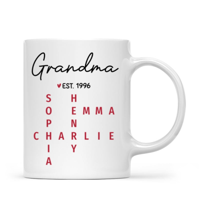 Grandma Est. Grandkids Names Crossword Puzzle Art Personalized Mug