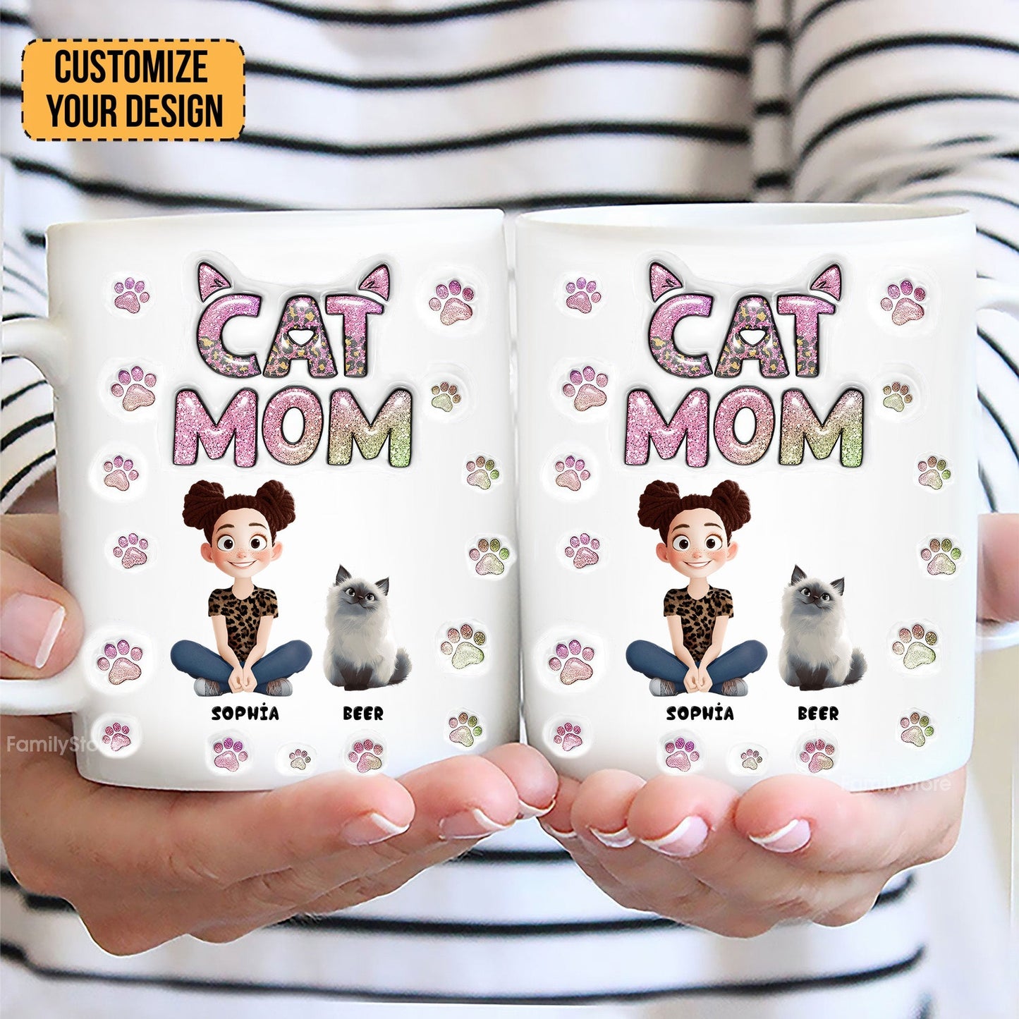 Cartoon Cat Mom Lovely Chibi - Personalized 3D Inflated Effect Ceramic Mug - Gift For Cat Lovers | CLP15 NA94