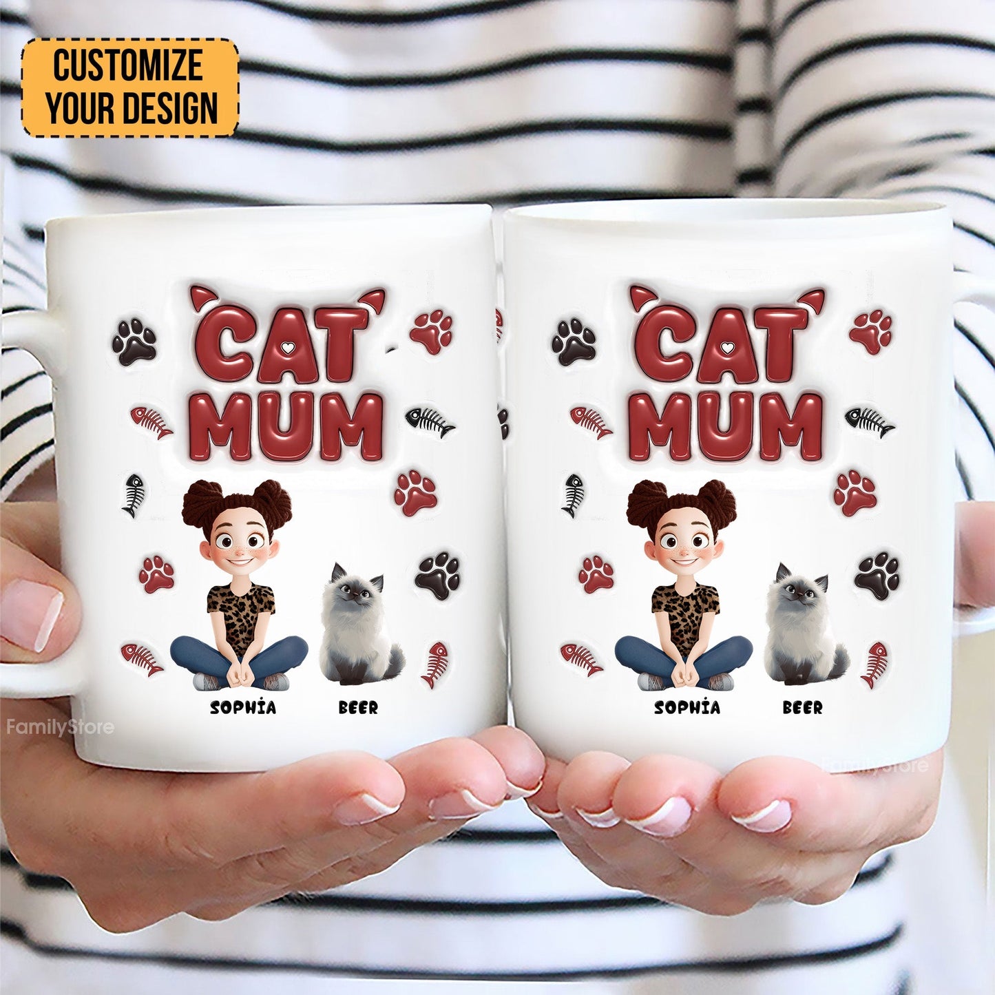 Lovely Cartoon Cat Mama - Personalized 3D Inflated Effect Ceramic Mug - Gift For Cat Lovers | CLP15 NA94