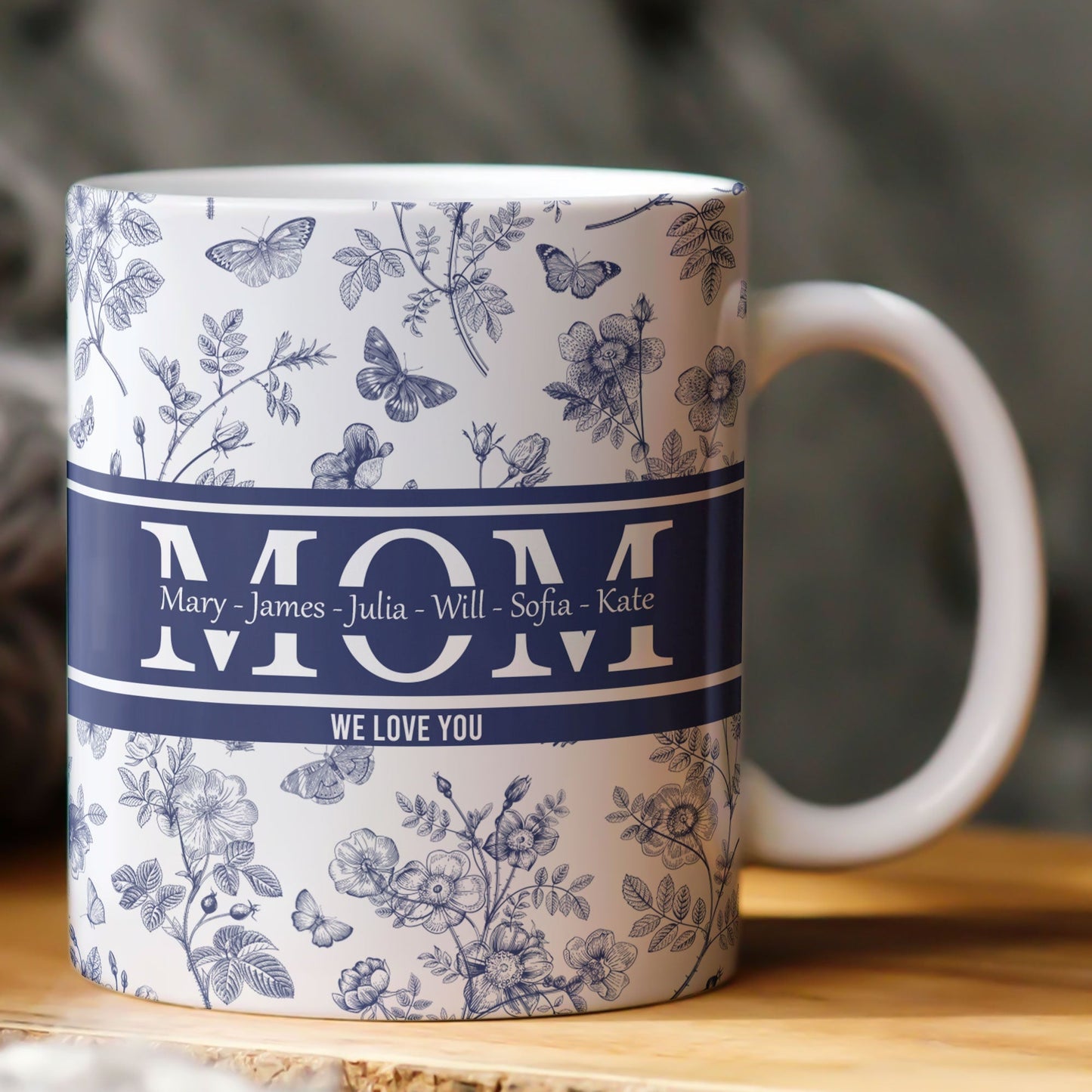 Mom, Mama, Grandma, Mimi With Kids' Names - Blue Toile De Jouy - Personalized Mug