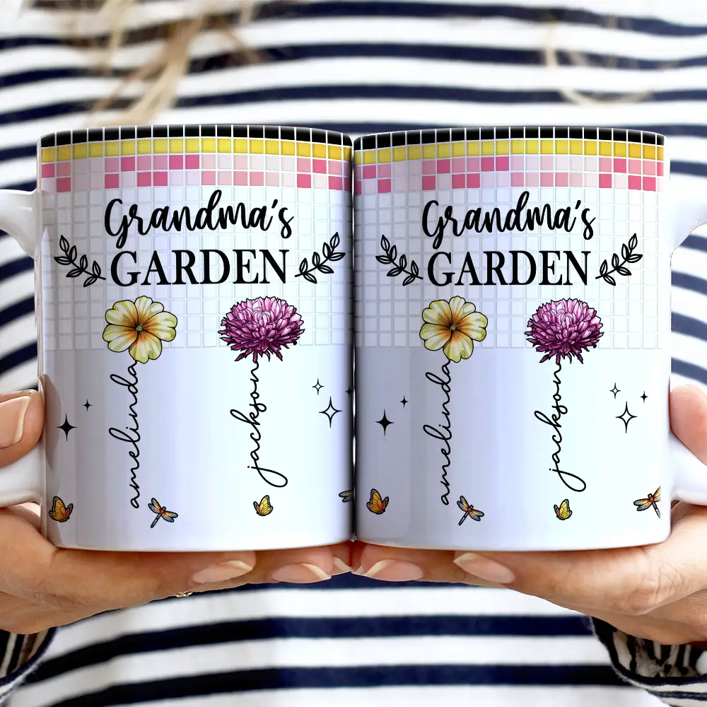 Mosaic Tiles Birth Flower Grandma's Garden - Personalized White Edge-to-Edge Mug