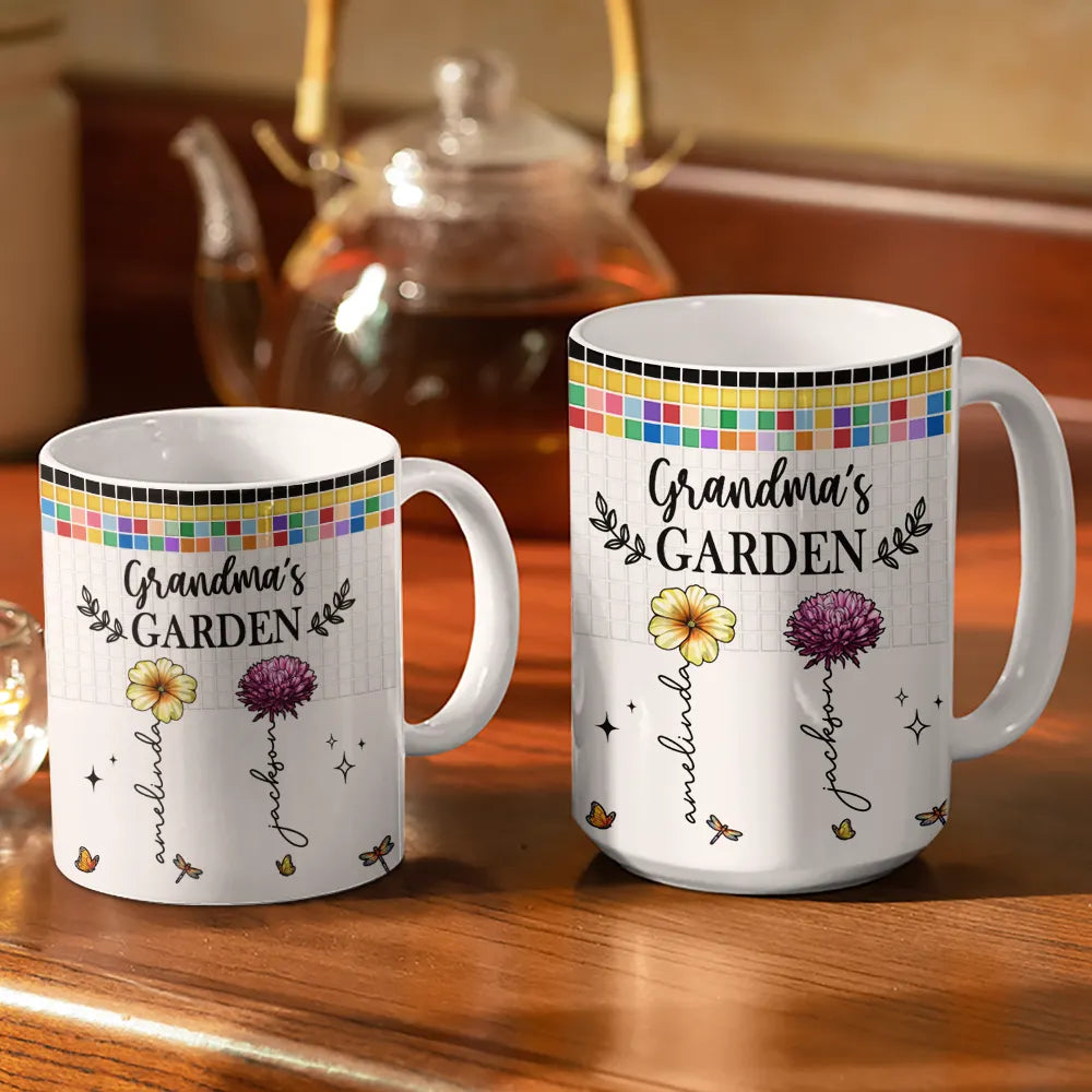 Mosaic Tiles Birth Flower Grandma's Garden - Personalized White Edge-to-Edge Mug