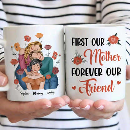 Personalized Gift for Mother or Daughter Ceramic Mug Featuring Hugging Scene with 'First Our Mother, Forever Our Friend'