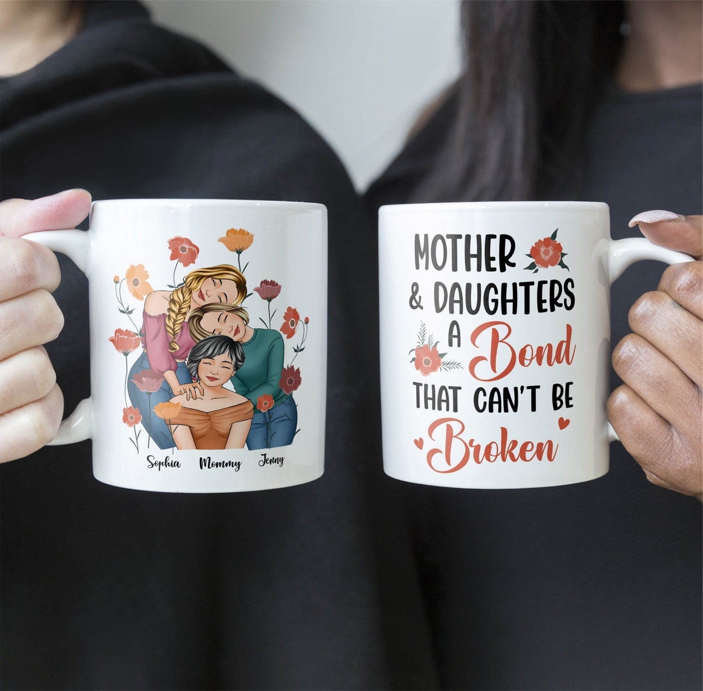 Personalized Gift for Mother or Daughter Ceramic Mug Featuring Hugging Scene with 'First Our Mother, Forever Our Friend'
