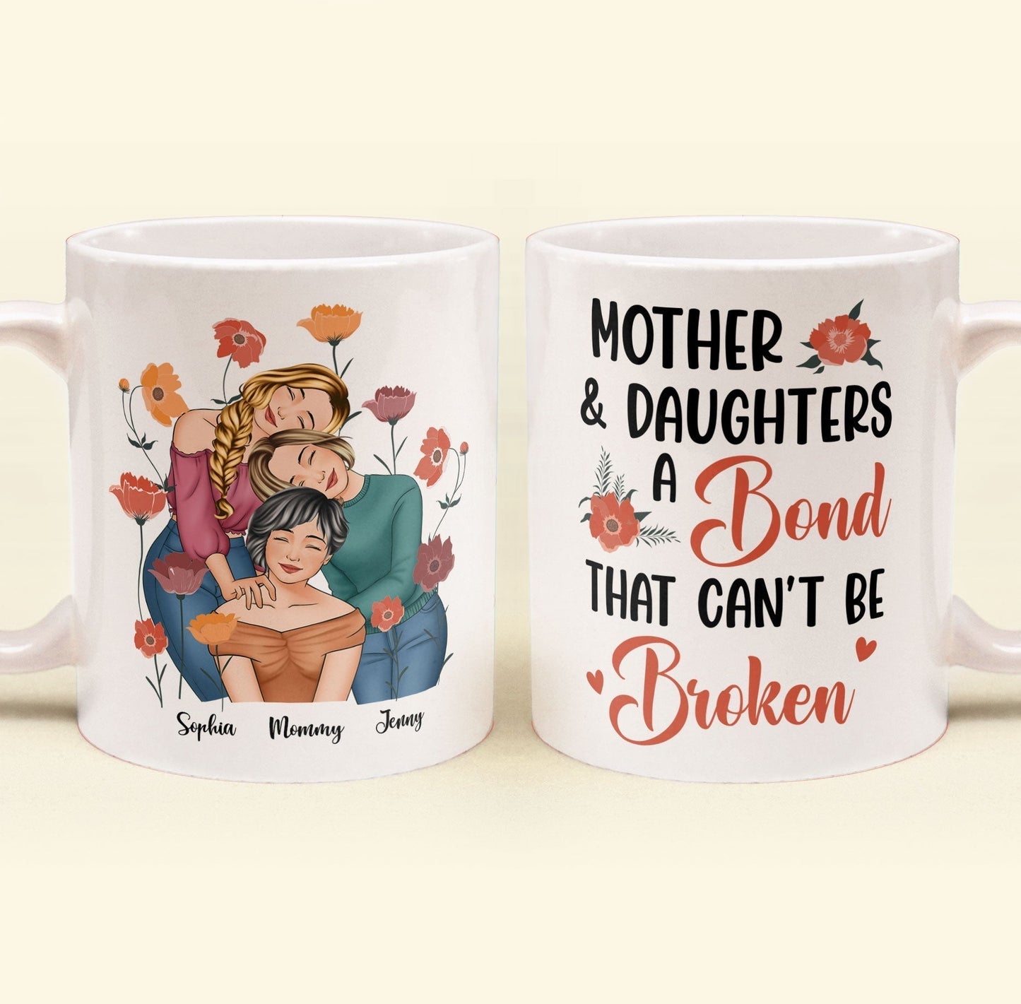 Personalized Gift for Mother or Daughter Ceramic Mug Featuring Hugging Scene with 'First Our Mother, Forever Our Friend'