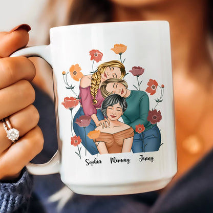 Personalized Gift for Mother or Daughter Ceramic Mug Featuring Hugging Scene with 'First Our Mother, Forever Our Friend'