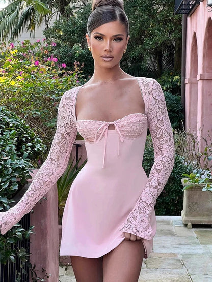 Lace Sheer Long Sleeve Mini Dresses