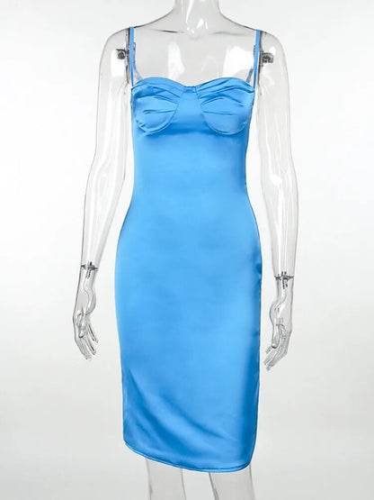 Satin Spaghetti Strap Sleeveless Backless Midi Dresses