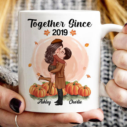 Fall Season Doll Couple Kissing Hugging In Pumpkin Patch Personalized Mug