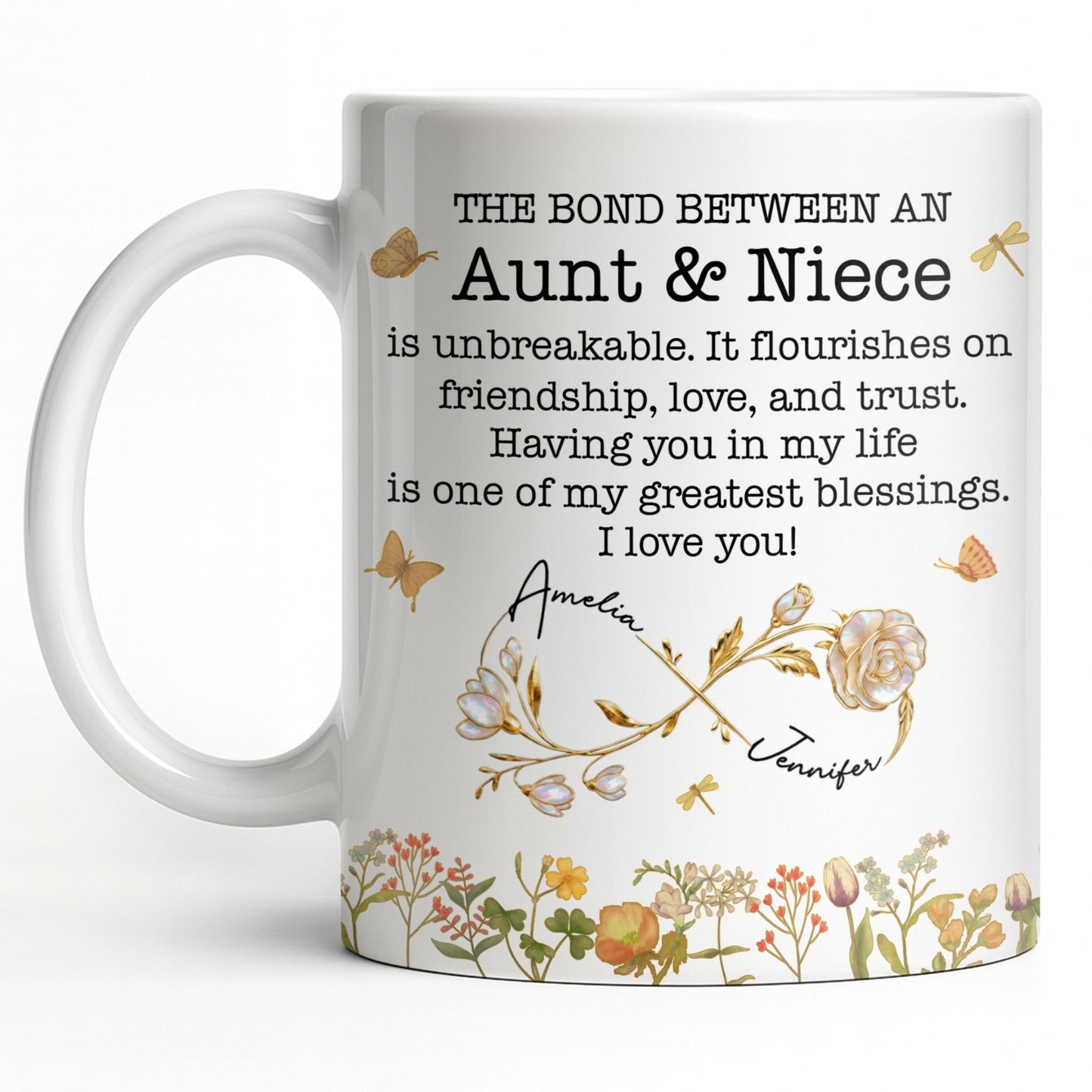 The Bond Between an Aunt & Niece, Butterflies and Flowers - Personalized Custom Coffee Mug - NCE039_MG