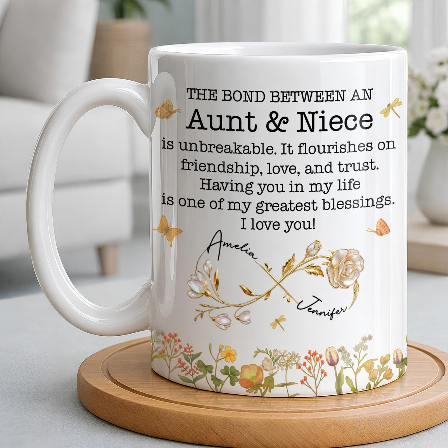 The Bond Between an Aunt & Niece, Butterflies and Flowers - Personalized Custom Coffee Mug - NCE039_MG