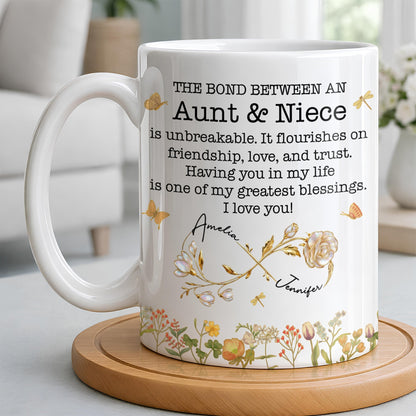 The Bond Between an Aunt & Niece, Butterflies and Flowers - Personalized Custom Coffee Mug - NCE039_MG
