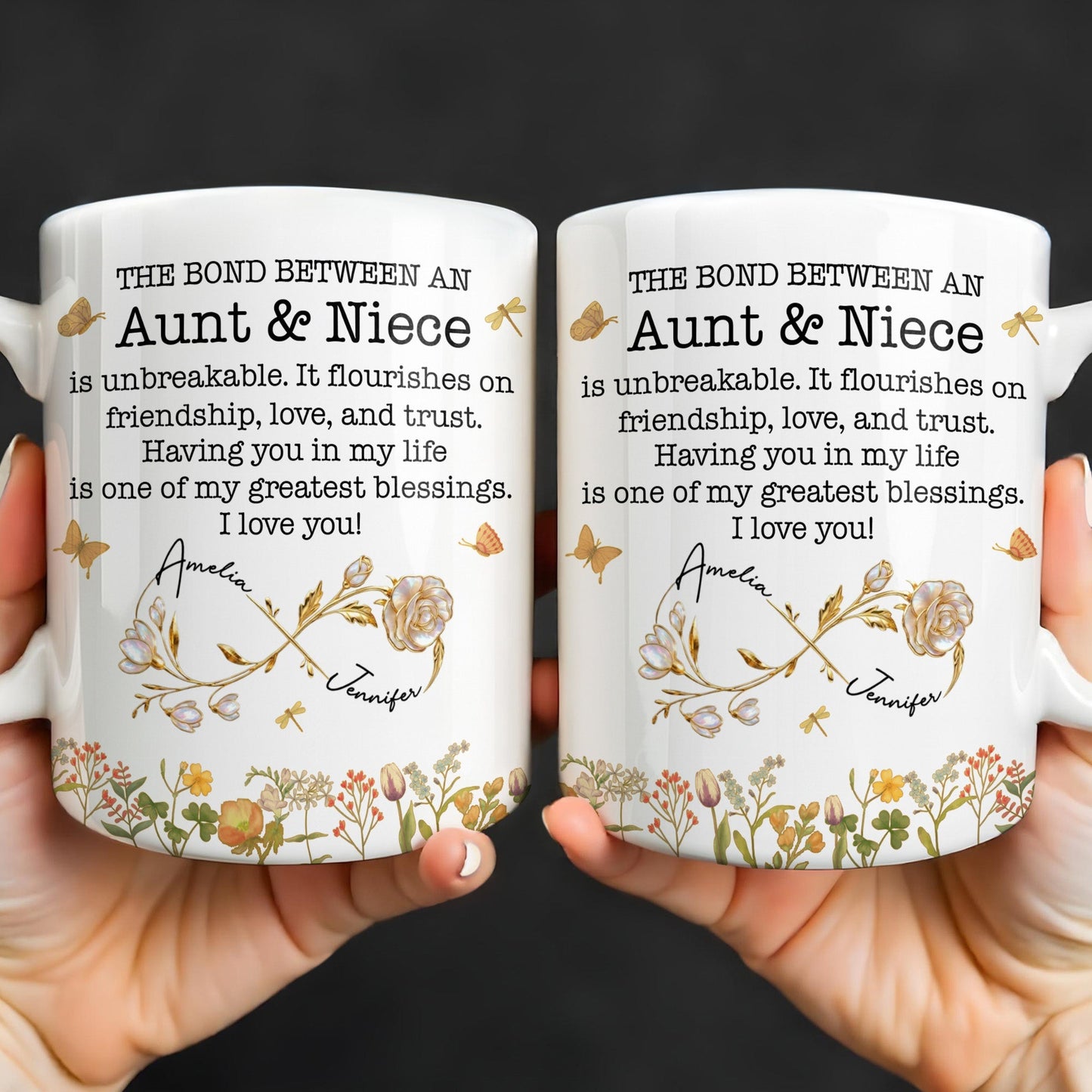 The Bond Between an Aunt & Niece, Butterflies and Flowers - Personalized Custom Coffee Mug - NCE039_MG
