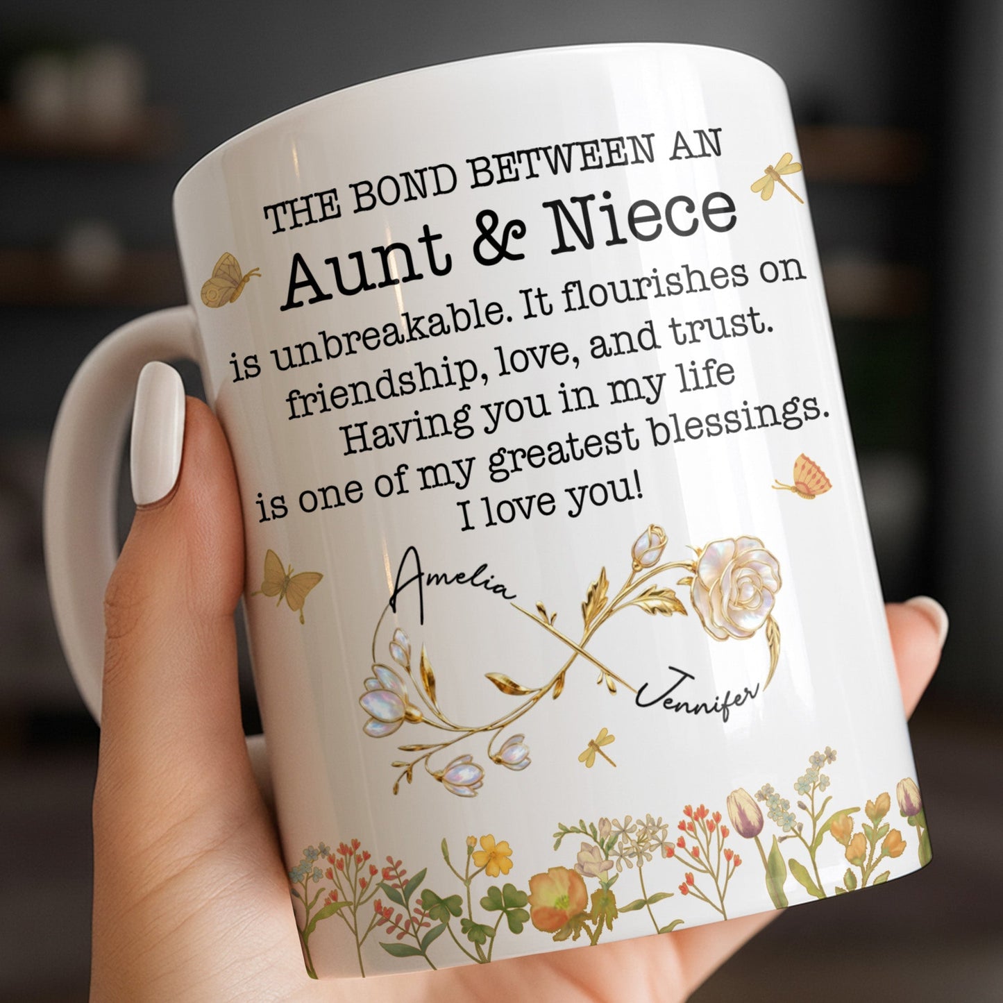 The Bond Between an Aunt & Niece, Butterflies and Flowers - Personalized Custom Coffee Mug - NCE039_MG