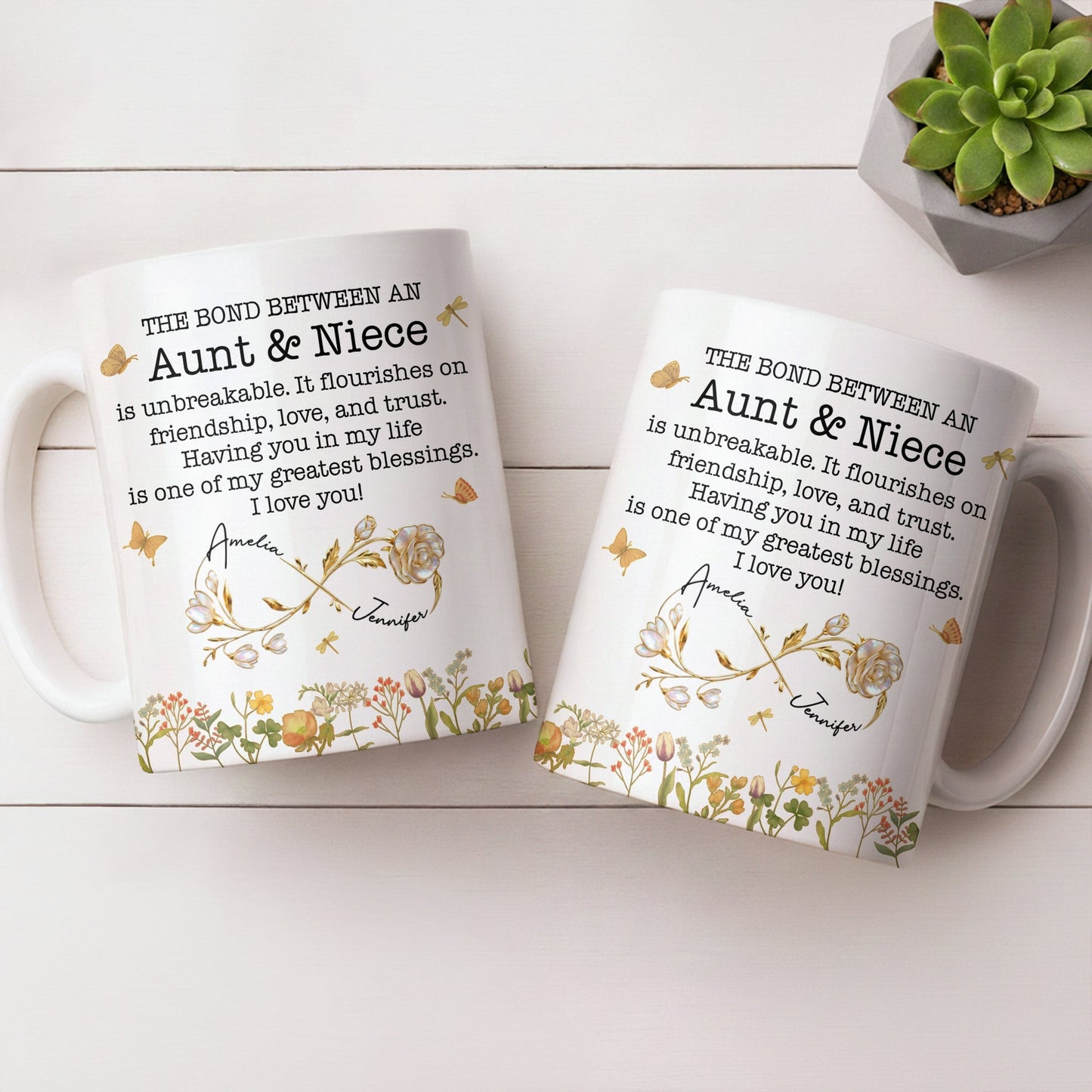 The Bond Between an Aunt & Niece, Butterflies and Flowers - Personalized Custom Coffee Mug - NCE039_MG