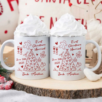 First Christmas Married Doodle Pattern - Personalized Mug - Christmas Gift For Him, For Her, For Couple