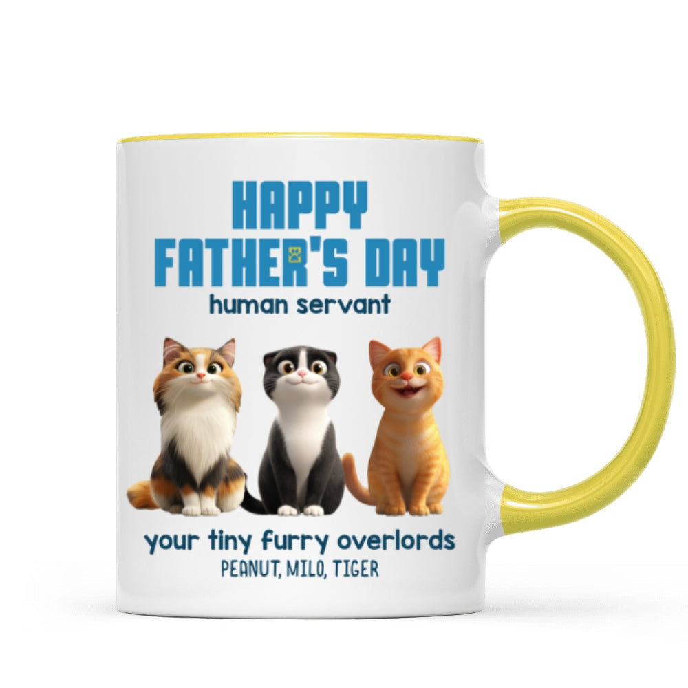 Happy Father's Day Human Servant Personalized Mug, Cute Cartoon Cats, Unique Father's Day Gift for Cat Dads