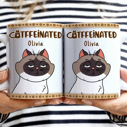 Catffeinated Funny Cartoon Cats - Gift For Cat Lovers, Cat Mom, Cat Dad - Personalized White Edge-to-Edge Mug