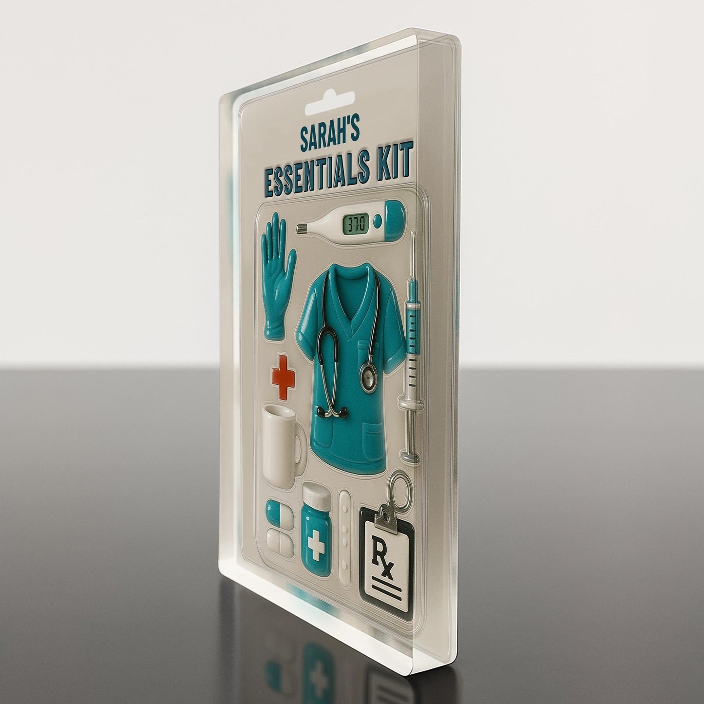 Sarah's Essentials Kit, Medical Scrubs, Stethoscope, Glove, Coffee Mug - Personalized Custom Acrylic Plaque - NUR001_RECA