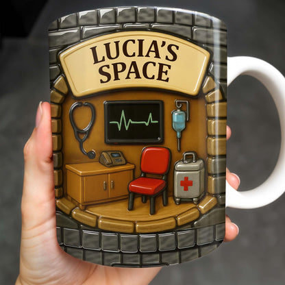 Lucia's Space, Stethoscope, Heartbeat Monitor, IV Bag, Medical Cabinet, Emergency Kit - Personalized Custom Coffee Mug - NUR004_MG