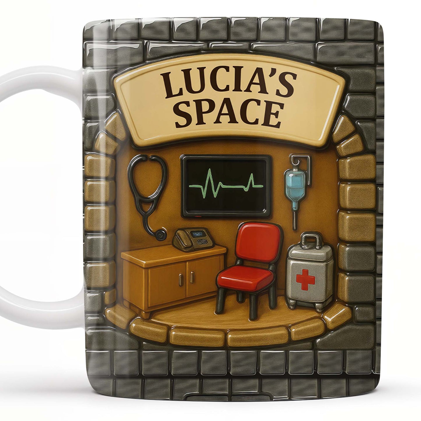 Lucia's Space, Stethoscope, Heartbeat Monitor, IV Bag, Medical Cabinet, Emergency Kit - Personalized Custom Coffee Mug - NUR004_MG