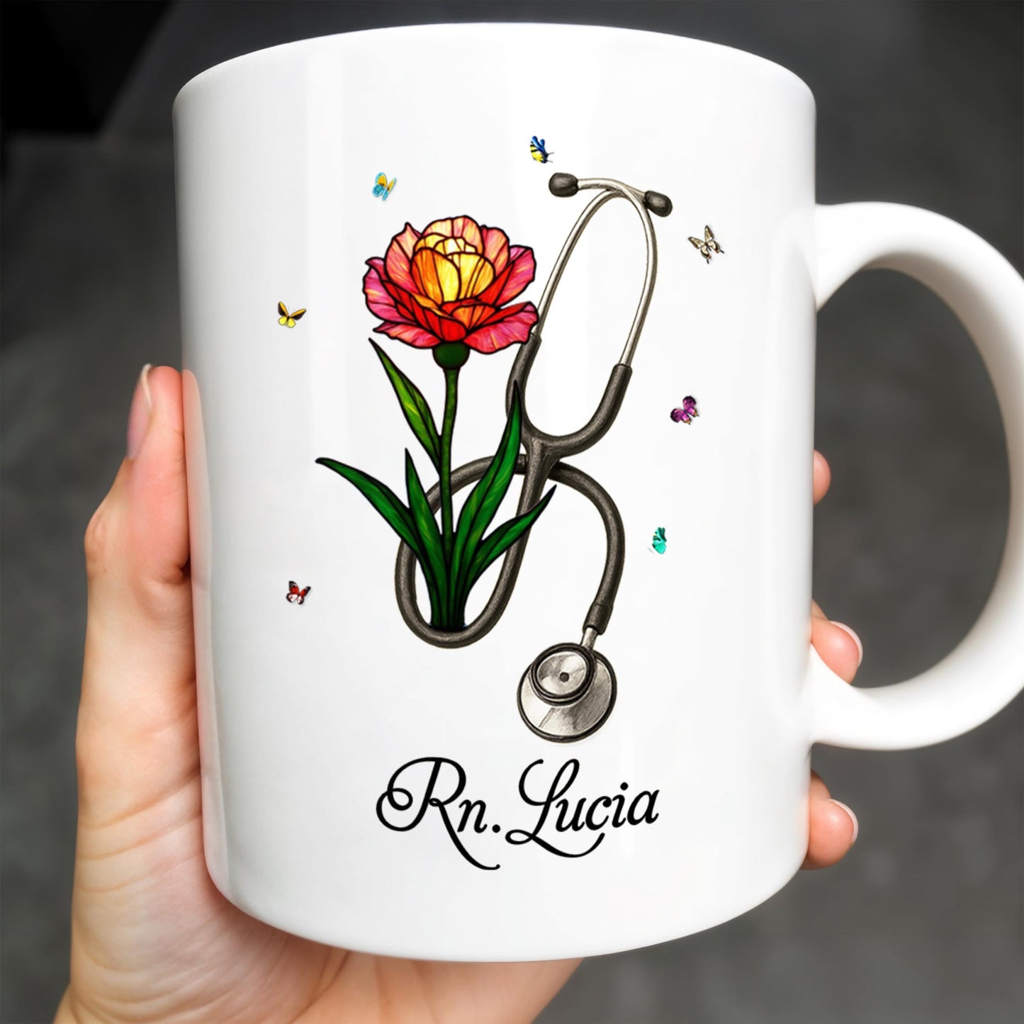Vibrant Tulip And Stethoscope Design, Beautiful Butterflies - Personalized Custom Coffee Mug - NUR006_MG