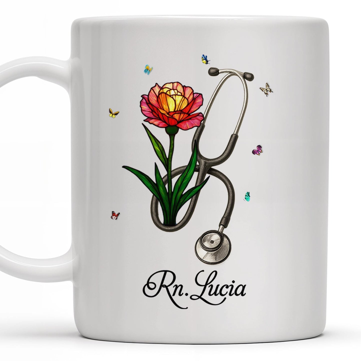 Vibrant Tulip And Stethoscope Design, Beautiful Butterflies - Personalized Custom Coffee Mug - NUR006_MG
