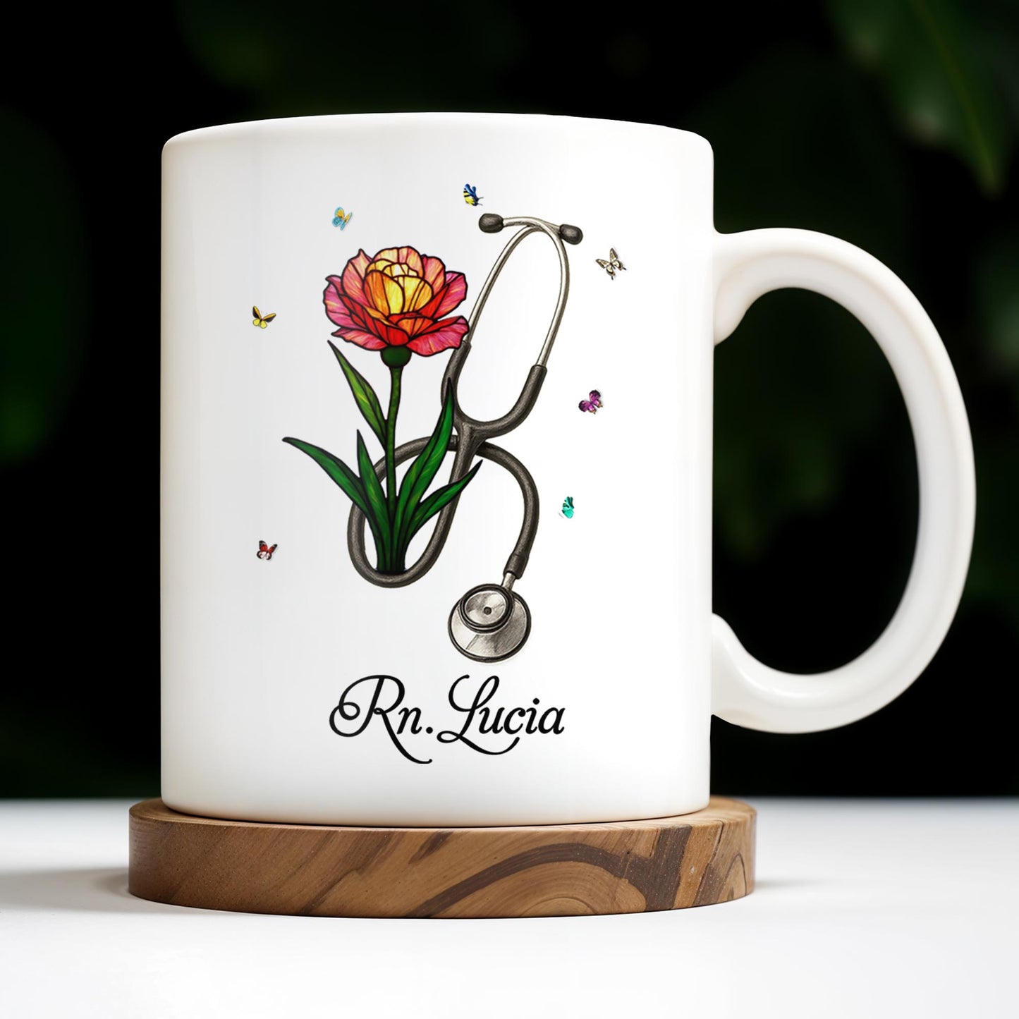 Vibrant Tulip And Stethoscope Design, Beautiful Butterflies - Personalized Custom Coffee Mug - NUR006_MG