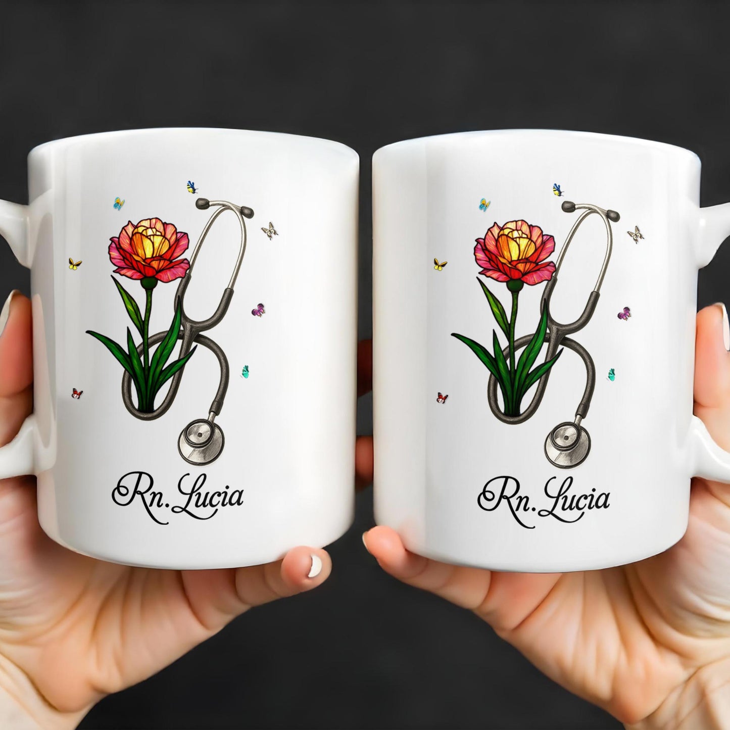 Vibrant Tulip And Stethoscope Design, Beautiful Butterflies - Personalized Custom Coffee Mug - NUR006_MG