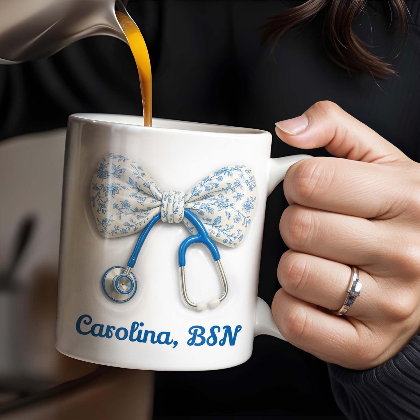 Celebrate Those Who Care, Floral Bow and Stethoscope - Personalized Custom Coffee Mug - NUR007_MG
