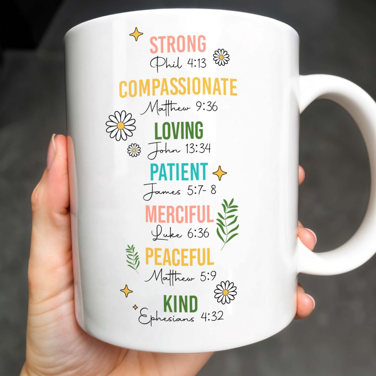Strong, Compassionate, Loving, Patient, Merciful, Peaceful, Kind, Flowers and Stars - Personalized Custom Coffee Mug - NUR014_MG