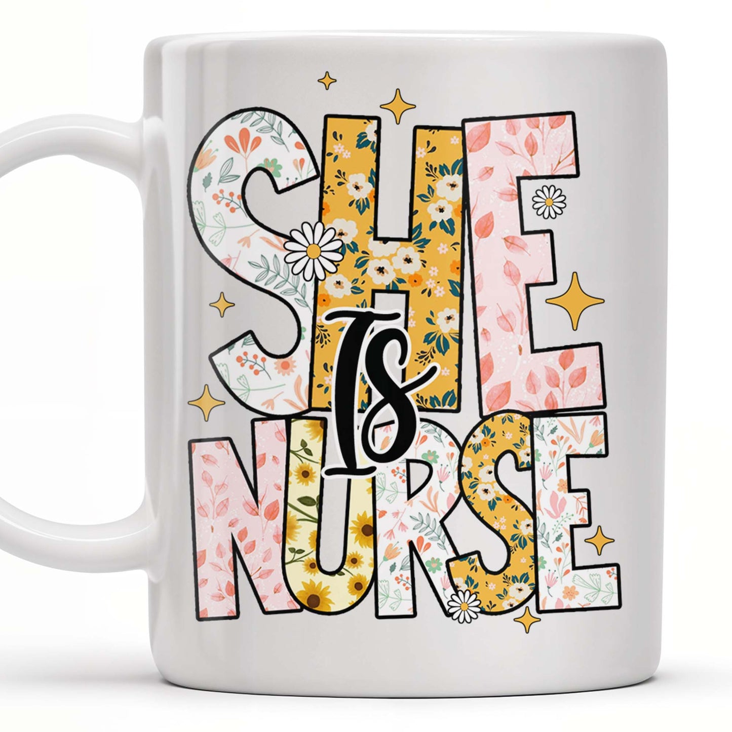 Strong, Compassionate, Loving, Patient, Merciful, Peaceful, Kind, Flowers and Stars - Personalized Custom Coffee Mug - NUR014_MG