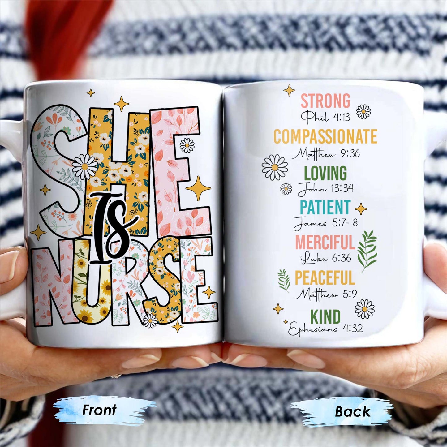 Strong, Compassionate, Loving, Patient, Merciful, Peaceful, Kind, Flowers and Stars - Personalized Custom Coffee Mug - NUR014_MG