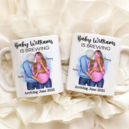 Baby Is Brewing Pregnancy Hugging Couple Personalized Mug Expecting Mom Gift, Expecting Parents Gift, Gift
