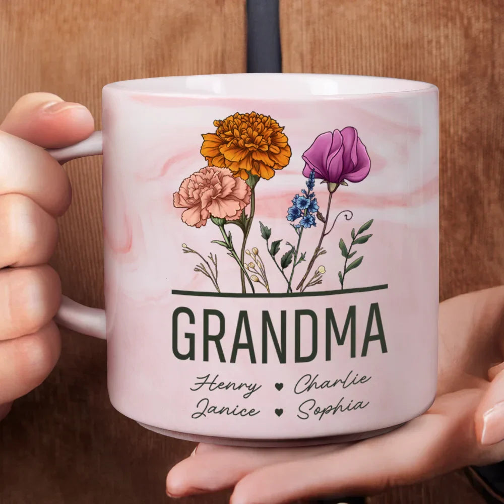 Nana Grandma Mom Birth Flowers - Personalized Marble Mug