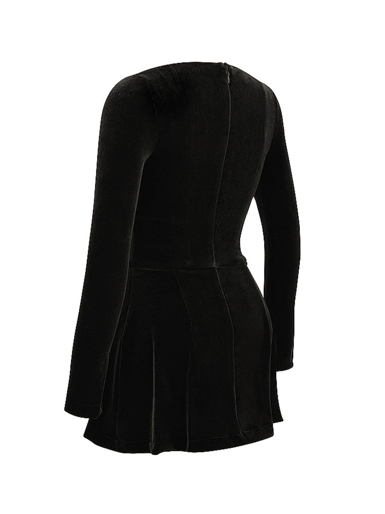 Pin Tuck V Neck Long Sleeve A-line Mini Dress