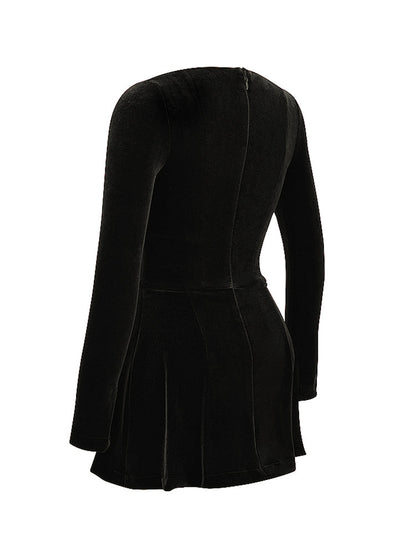 Pin Tuck V Neck Long Sleeve A-line Mini Dress
